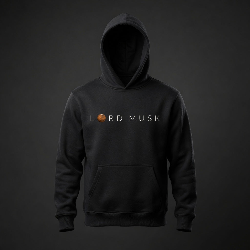 LORD MUSK hoodie, one-line chest print below drawstrings