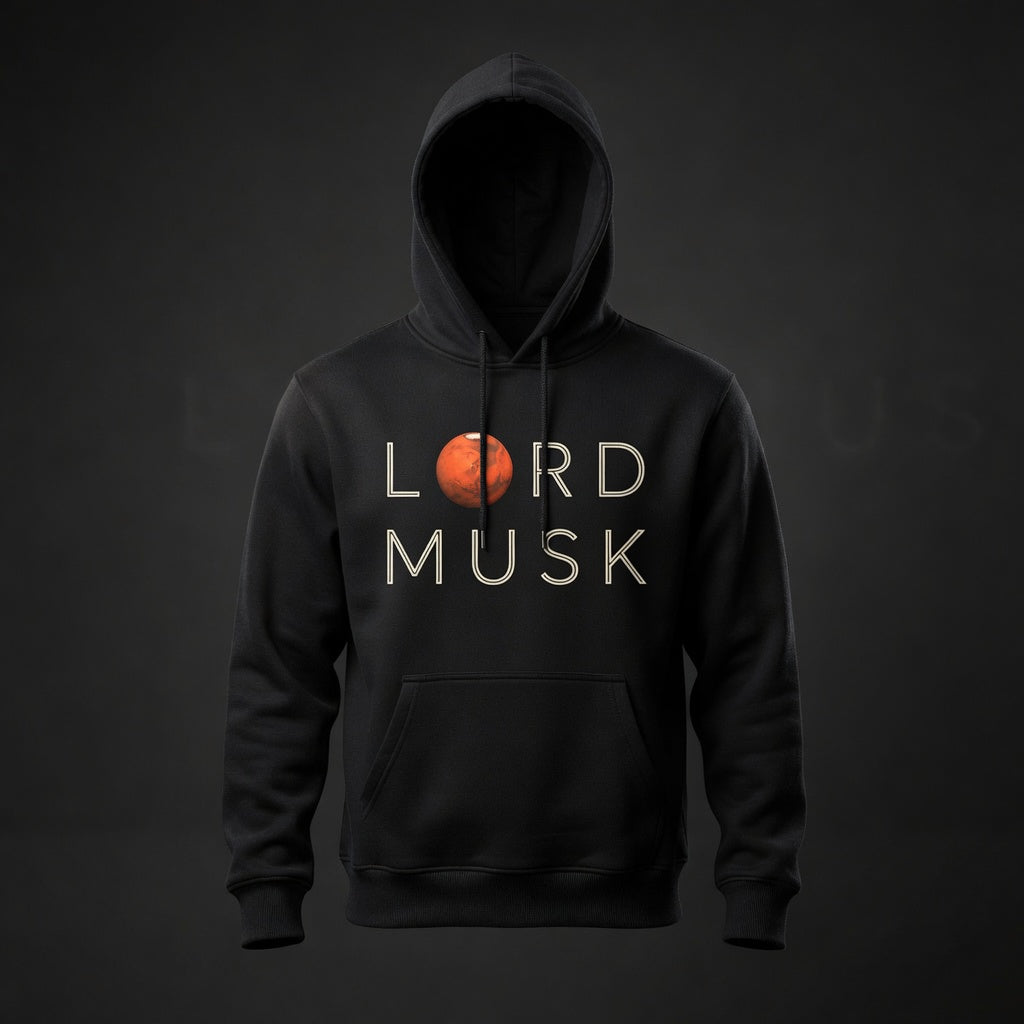 LORD MUSK stacked lockup on black hoodie