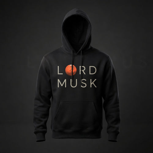 LORD MUSK stacked lockup on black hoodie
