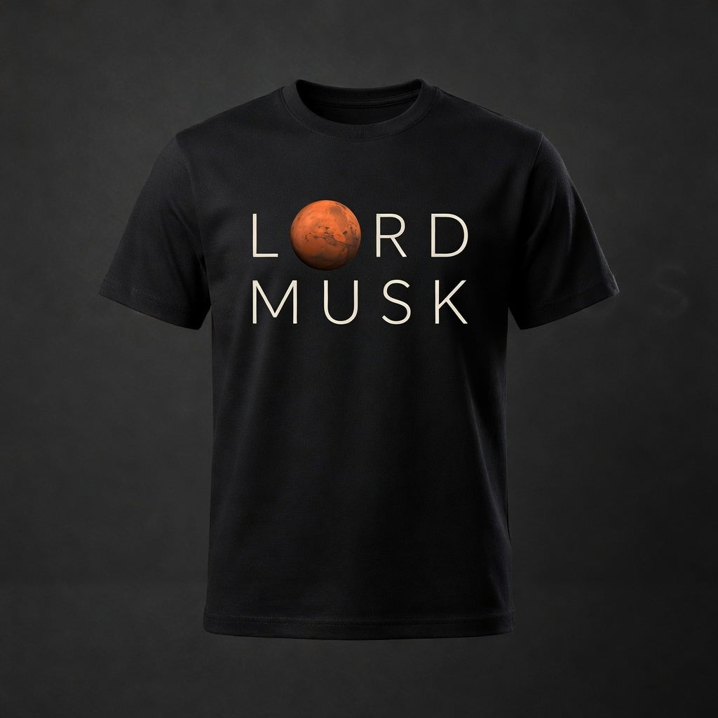 LORD MUSK stacked lockup on black tee, chest