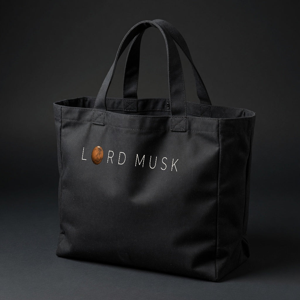LORD MUSK tote, one-line mark warped to the front panel